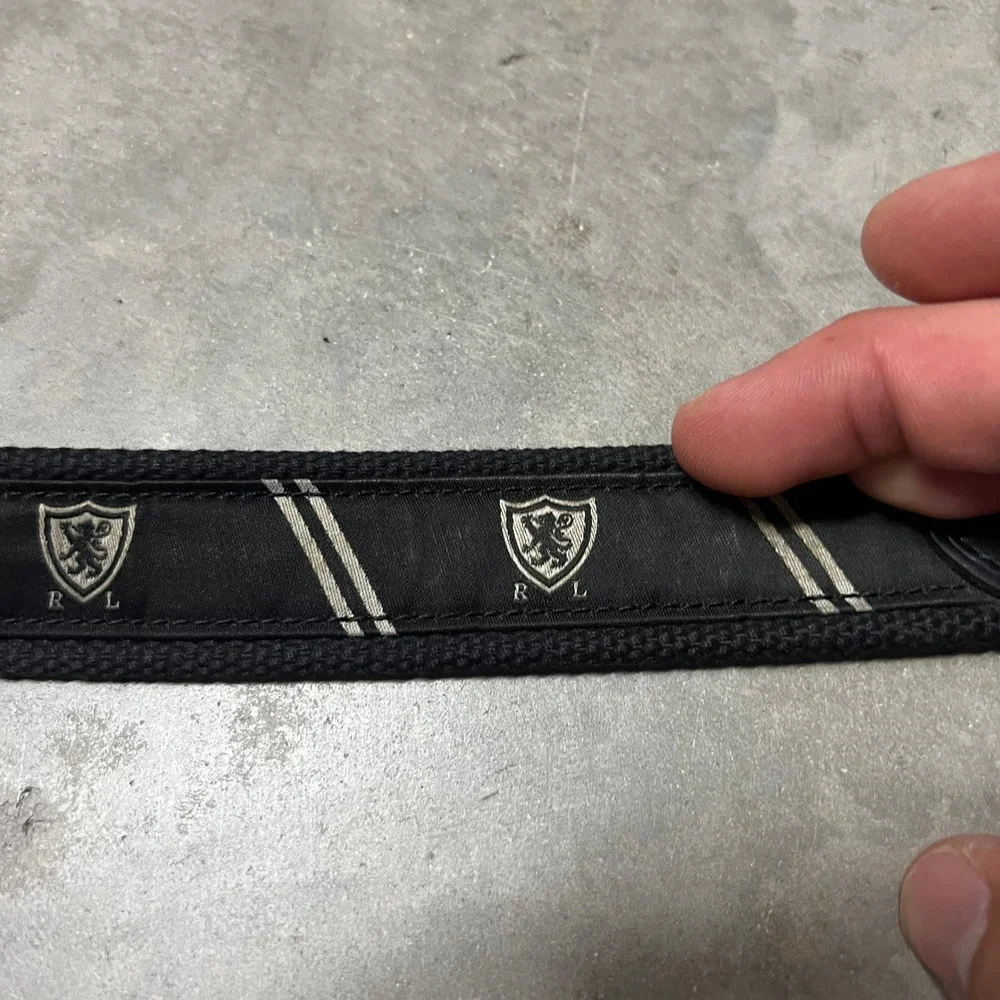 Polo Ralph Lauren Mens Belt 38 Black Canvas Leather Heraldic Crest Ribbon